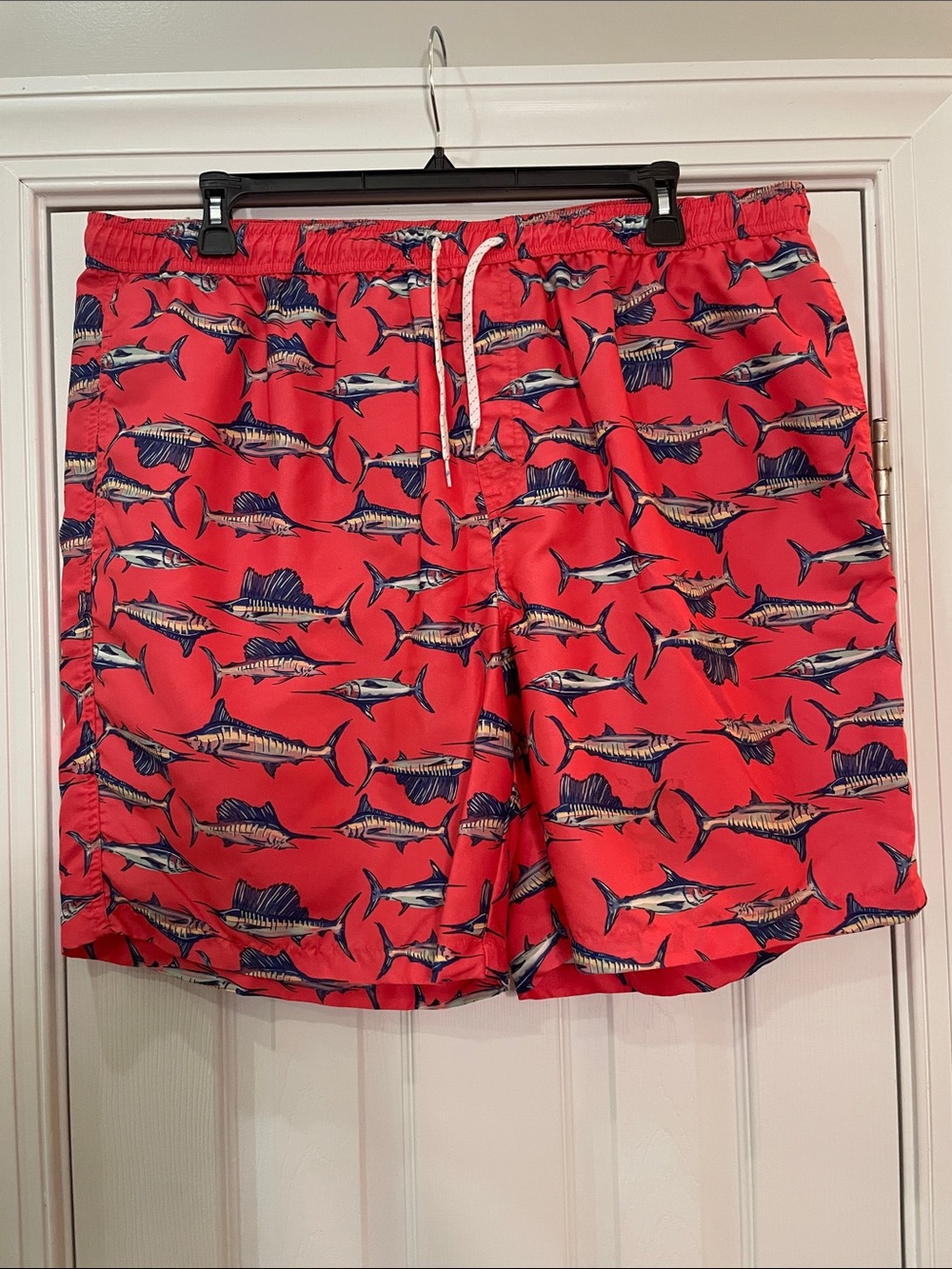Men's Red Marlin-Print Swim Trunks with Elastic Waist and Drawstring